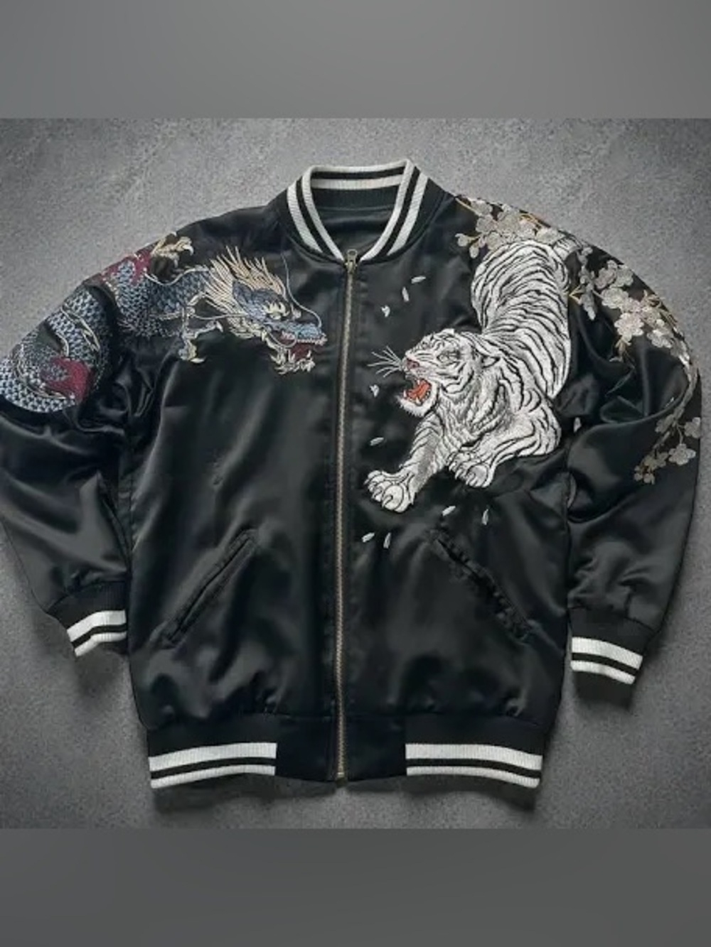 Black Embroidered Tiger & Dragon Satin Bomber Jacket